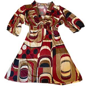 Loona Paris V-neck Tie Back Dress Elastic Empire Waist Red Brown Black Gold Sz 2